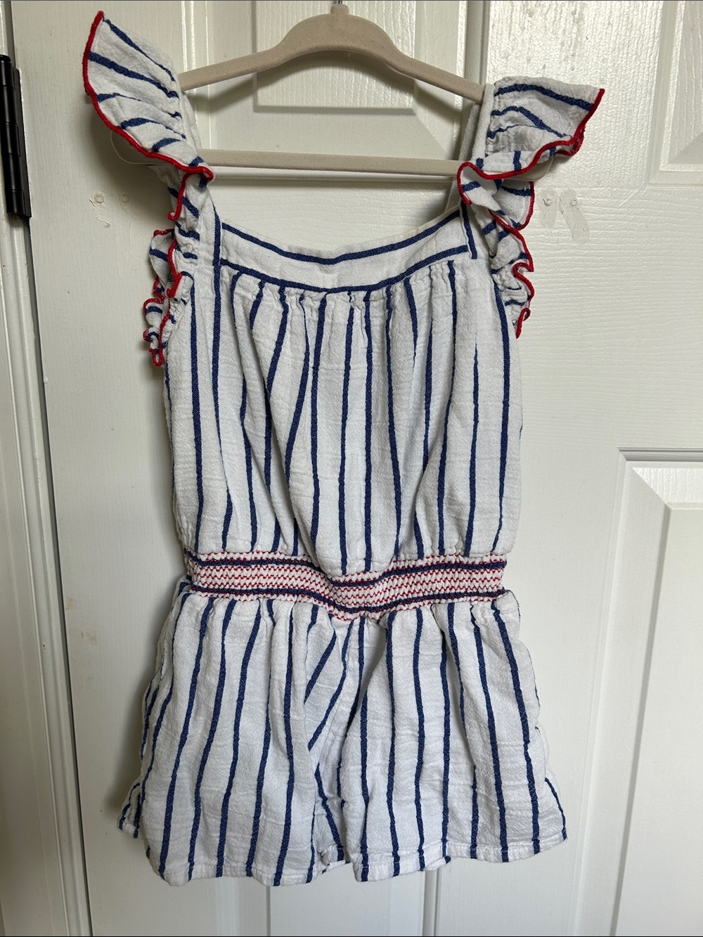 Girls' 6/6x Navy Stripe Ruffle Romper - White & Blue